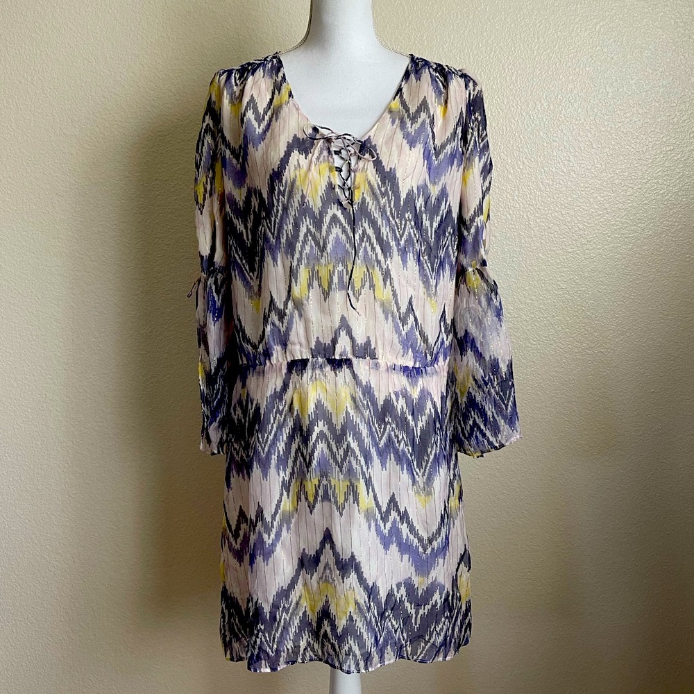 Parker dress 100% Silk fit & flare fairy sleeves chiffon tribal print gold